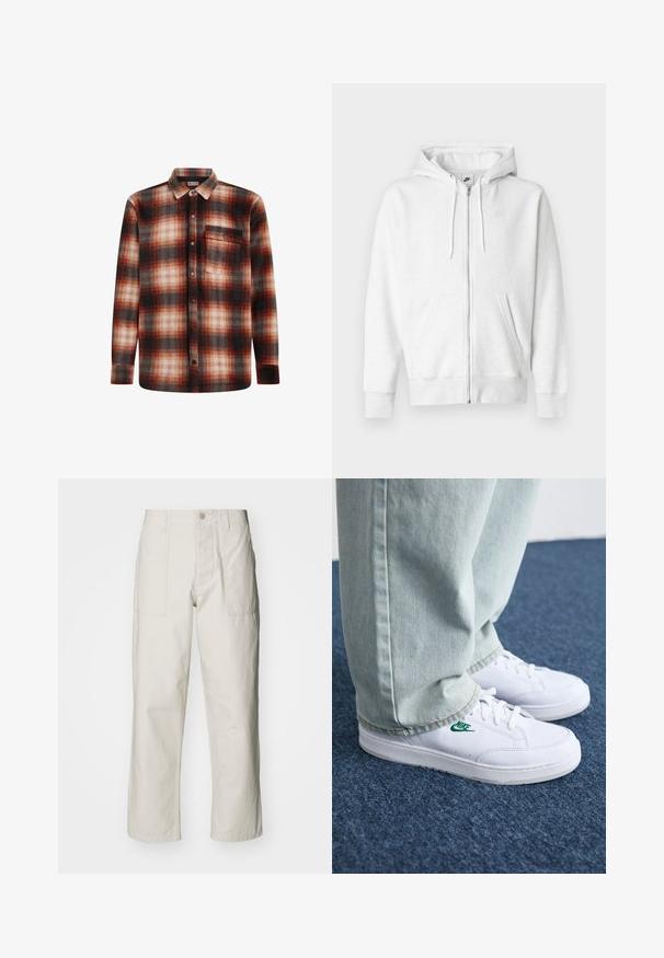 Weißer Kapuzenpullover mit Reißverschluss aus weichem Stoff, mit Kängurutasche, Kordelzug und kleinem Logo auf der linken oberen Brustseite.; Rot-schwarz karierte Flanellhemd mit Button-Down-Kragen, langen Ärmeln und einer Brusttasche. Weicher Stoff und karierter Muster.; Helle beige weit geschnittene Hose aus Baumwolle. Verfügt über Fronttaschen und einen Knopfverschluss. Glatte Textur mit dezenten vertikalen Streifen.; Weiße Leder-Sneaker mit grünem Nike-Logo, runde Zehenpartie, flache Sohle, kombiniert mit hellblauen Jeans, präsentiert auf einem blauen Teppich.