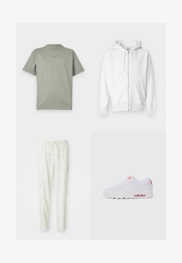 White zip-up hoodie made from a soft fabric with a kangaroo pocket, drawstrings, and a small logo on the upper left chest area.; Light grey cotton t-shirt with a round neckline and short sleeves. Features a small, embroidered Nike logo on the chest.; White slim-fit jogger pants with elastic waistband and drawstring, featuring side seam detailing and a small black patch on the right leg.; White athletic sneaker featuring a smooth upper, lace closure, cushioned sole, and a visible air unit with red accents on the branding.