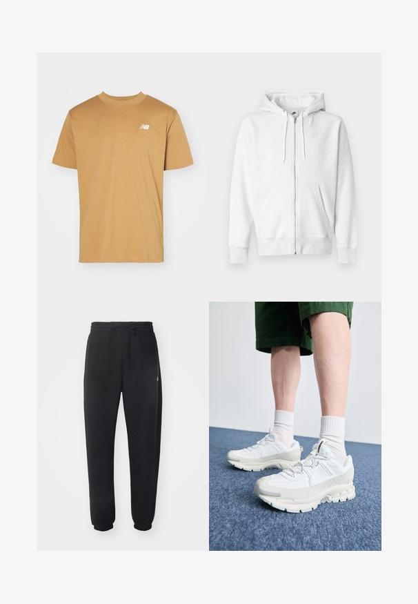 Bílá mikina na zip vyrobená z měkké látky s kapsou typu klokanka, šňůrkami a malým logem na levé horní části hrudi.; New Balance ESSENTIALS - Jednoduché tričko - brown; Černé tepláky z měkkého materiálu s elastickým pasem, šňůrkou na stažení a zužujícími se manžetami, s jemným logem na boku.; Bílé sportovní boty s texturovanými překryvy, masivní podrážkou a šedými akcenty. Na nohou mají bílé ponožky a zelené šortky na modrém povrchu.