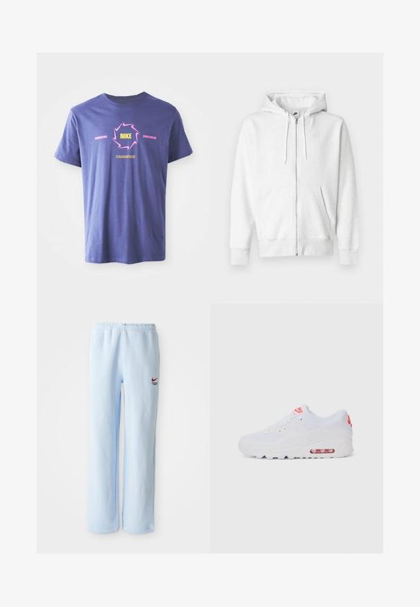 Balts rāvējslēdzēja džemperis no mīksta auduma ar kengūras kabatu, auklām un mazu logo augšējā kreisajā krūšu daļā.; Violeta kokvilnas T-krekls ar īsām piedurknēm, kuram ir izteikta grafiska dizaina. Tajā iekļauts "Nike" dzeltenā krāsā rozā vītnē un teksta akcenti.; Gaiši zili treniņbikses ar elastīgu jostasvietu, uz kurām ir neliels sarkans Nike logo un teksts "Sporta nodaļa". Mīksts kokvilnas audums.; Baltas sporta apavi ar gludu augšdaļu, saitēm, mīkstu zoli un redzamu gaisa vienību ar sarkaniem akcentiem uz zīmola.
