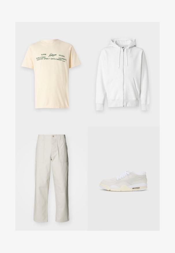 White zip-up hoodie made from a soft fabric with a kangaroo pocket, drawstrings, and a small logo on the upper left chest area.; Cream-colored cotton t-shirt with short sleeves featuring green text that reads "KidSuper," "Super Fluff n' Fold," and laundry details.; Light beige wide-leg pants made of cotton. Features front pockets and a button closure. Smooth texture with subtle vertical lines.; Sneakers with a light beige synthetic upper, white laces, and visible cushioning. Features a smooth sole and subtle side accents.