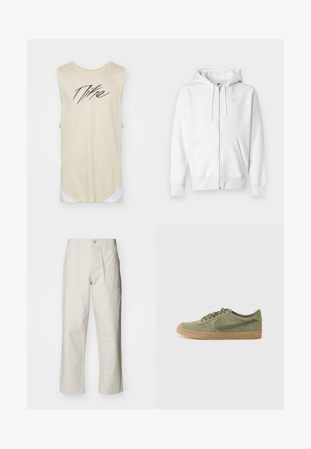 Sweat à capuche blanc zippé en tissu doux avec une poche kangourou, des cordons de serrage et un petit logo sur la partie supérieure gauche de la poitrine.; Nike Performance ICON - Débardeur - team gold/white/black; Pantalons larges beige clair en coton. Dotés de poches avant et d'une fermeture à bouton. Texture lisse avec de légères lignes verticales.; Baskets en suède vert avec une semelle en caoutchouc gomme, bout rond et design à lacets. Présente le logo distinctif de Nike en vert foncé.