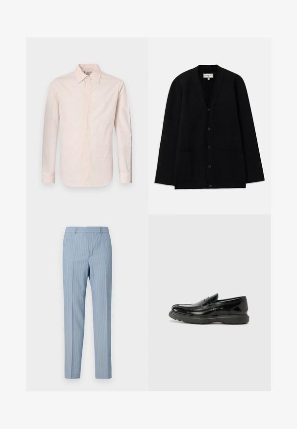 Melnā kardigāns, izgatavots no mīksta materiāla, ar V veida kakla izgriezumu, pogu aizdari un divām priekšējām kabatām. Vienkārša, brīva silueta.; Gai rozā garām piedurknēm krekls, izgatavots no gludas auduma, ar norādītu apkakli, pogu aizdari un nedaudz izliekta apakšmalu.; Gaiši zili svītraini bikses ar šauru piegriezumu, kas rotātas ar vertikālām baltām svītrām. Izgatavotas no gludas auduma ar pielāgotu dizainu.; Melnas ādas loafers ar spīdīgu apdari, noapaļota pirksta forma, smalkas šuvju detaļas un bieza gumijas zole ilgstošai lietošanai.