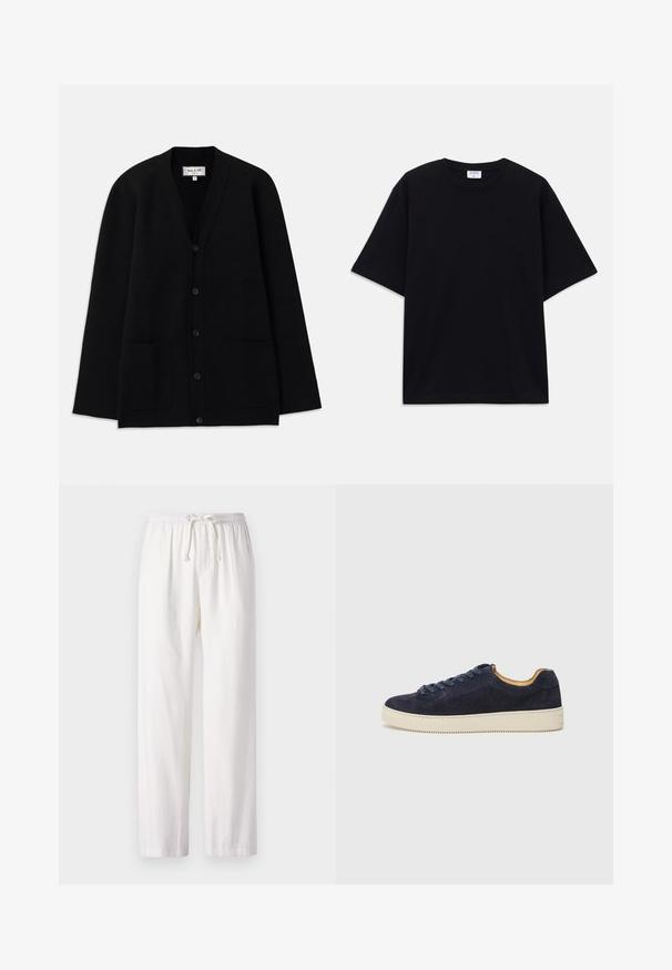 Black cardigan made from soft material, featuring a V-neckline, button closure, and two front pockets. Simple, relaxed silhouette.; Black short-sleeve oversized T-shirt with round neckline and visible Filippa K brand label inside the collar.; White, lightweight pants with an elastic waistband and drawstring. Straight-leg design with a smooth texture. No patterns or accents.; Navy suede low-top sneaker with rounded toe, off-white rubber sole, and matching laces; features a contrasting tan interior lining.