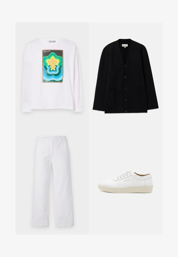 Must vest, mis pehmest materjalist, V-kaelusega, nööbiga kinnitusega ja kahe esise koe taskuga. Lihtne, lõdva siluett.; Valge pikakä sleeves t-särk, millel on värviline geomeetriline print, kus on kihilised tähekujud rohelises, kollases ja sinises, tumeda äärisega raamitud.; Valged puuvillased laiad püksid kõrge vöökohaga, varustatud nööpidega ja üleskeeratud äärtega. Sujuv tekstuur ja klassikaline disain.; Valge nahkne tenniseking, millel on tekstureeritud pind, ümar varbaosa, beež kummitald ning kuus halli paeldokki, millel on külgedel õrn brändimingutus.