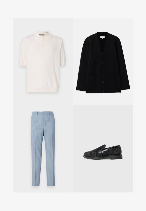 Schwarzer Cardigan aus weichem Material, mit V-Ausschnitt, Knopfverschluss und zwei Fronttaschen. Schlichte, lässige Silhouette.; Kurze Herrenpolo mit klassischem Kragen, Knopfleiste mit vier Knöpfen und geripptem Saum in Creme. Hergestellt aus weichem, leichtem Stoff.; Hellblaue gestreifte Hosen mit schmalem Schnitt, die vertikale Nadelstreifen in Weiß aufweisen. Hergestellt aus einem glatten Stoff mit maßgeschneidertem Design.; Schwarzer geflochtener Slipper mit einem glatten Lederakzent im Obermaterial, einem runden Zehendesign und einer flachen Gummisohle.