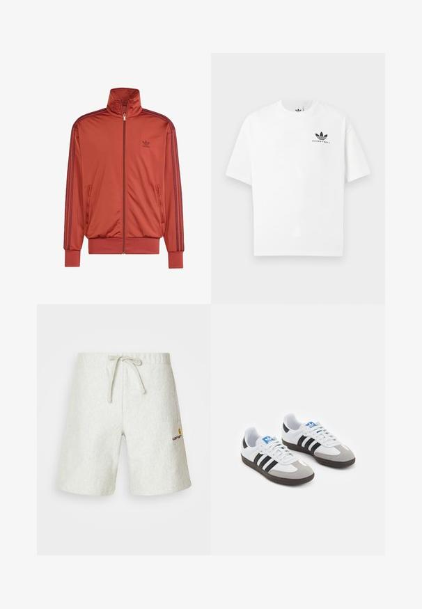 Röd polyester zip-up jacka med hög krage, två sidofickor och kontrasterande mörkröda ränder längs axlarna och ärmarna.; Vit bomullst-shirt med korta ärmar, med en svart "BASKETBALL" logotyp och ikonisk tre-strips design på framsidan.; Ljust grå shorts i ett texturerat material. Har en justerbar dragsko i midjan och en liten logotyp på vänster sida.; Sportskor med överdel i vit läder, grå mocka på tårna och tre svarta ränder. Har en blå logotyp på tungan och en texturerad gummisula.
