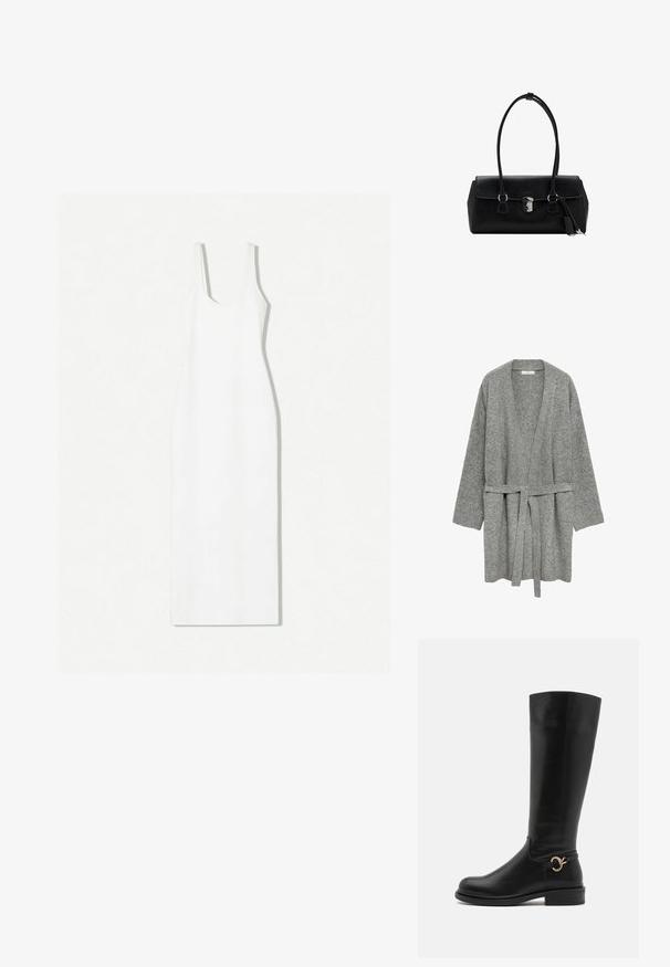 Siv šivani kardigan z ovitkom, dolgimi rokavi in pasom za zavezovanje v pasu. Ima rebraste manšete in odprt sprednji del.; Bela brezrokavna obleka z okroglim izrezom, prilagojeno silhueto in dolžino do gležnja. Narejena iz gladkega blaga z minimalističnim dizajnom.; Anna Field Wide Fit Škornji - black; Črna usnjena torbica z gladko teksturo, strukturirano zasnovo, dvema ročkama in s srebrnim sponko na sredini.