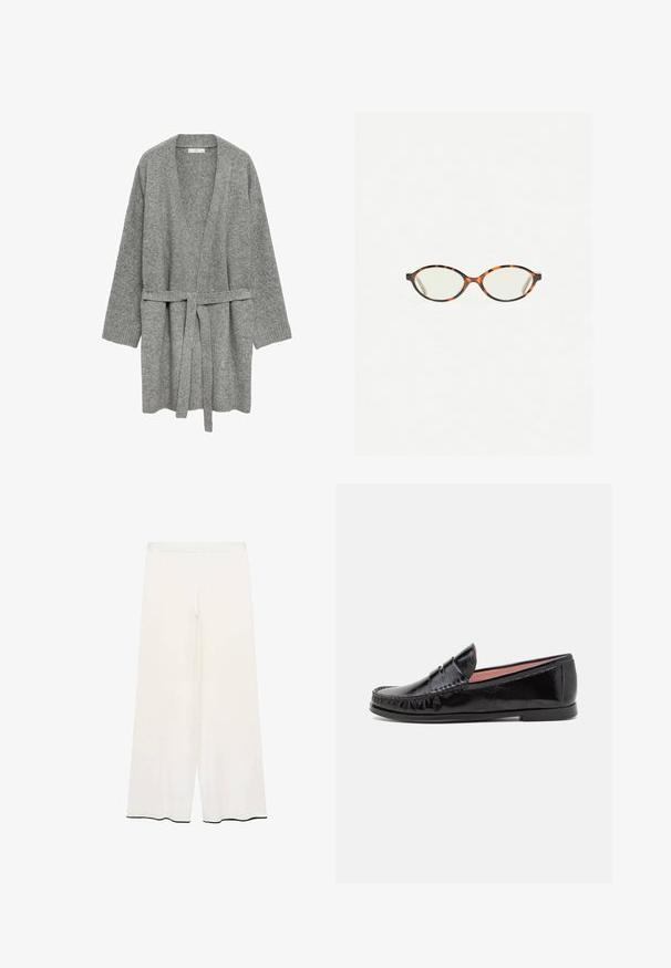 Cardigan gri, tricotat, cu un design înfășurat, mâneci lungi și un cordon la talie. Dispune de manșete cu dungi și un front deschis.; Tricou scurt cu mânecă scurtă, de culoare maro, fabricat din bumbac moale. Are un decolteu rotund și o croială tip boxy, cu o textură netedă și fără modele vizibile.; Pantaloni cu picioare ample dintr-un material crem, cu o textură netedă. Au o talie curată și un tiv negru pentru contrast.; Loaferi din piele la ghilit cu vârful rotunjit, cusături decorative pe partea superioară și o talpă joasă, plată din cauciuc.; Ochelari cu ramă din tartan, cu lentile ovale și un finisaj elegant, neted. Prezintă margini subțiri cu o curbură subtilă la tâmple. Lentile clare.