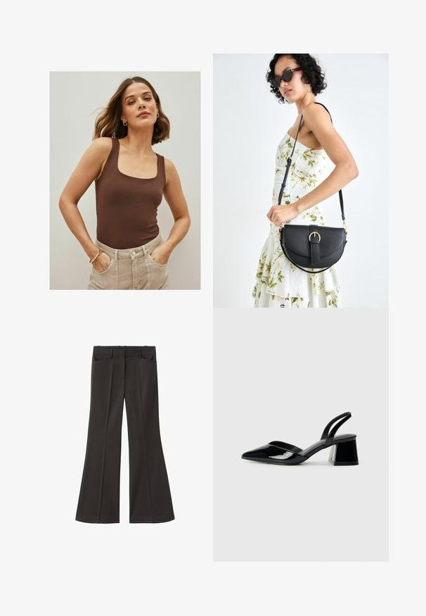 Šedý pletený kardigan s designem do zavinovacího stylu, dlouhými rukávy a zavazováním v pase. Obsahuje žebrované manžety a otevřený přední díl.; Hnědý bezrukávový body s čtvercovým výstřihem, vyrobený z hladké látky, spárovaný s vysokými béžovými kalhotami. Jednoduchý design.; Černé rozšířené kalhoty s vysokým pasem; mají dvě přední kapsy a hladkou texturu látky. Vhodné pro různé příležitosti.; Černé lakované kožené lodičky na pásku s špičatou špičkou a geometrickým blokovým podpatkem. Vyznačují se elegantním, minimalistickým designem a hladkým povrchem.; Černá kožená kabelka s křivkovým tvarem, odnímatelným popruhem a zlatými detaily. Kabelka má klopu s přezkou.