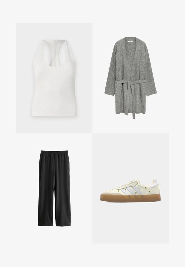 Szary, dziany kardigan o kroju kopertowym, z długimi rękawami i paskiem wiązanym w talii. Posiada prążkowane mankiety oraz otwarty przód.; Biała bezrękawnik wykonana z miękkiego materiału, z zaokrąglonym dekoltem i designem typu racerback, gładka tekstura i brak widocznych wzorów.; Czarne, spodenki do kolan wykonane z lekkiego materiału. Elastyczny pas i gładka tekstura z prostym krojem. Bez widocznych detali czy wzorów.; Kremowe sneakersy z jasnoniebieskimi paskami, kauczukową podeszwą oraz dekoracyjnymi żółtymi kwiatowymi akcentami na górnej części. Okrągły design czubka.