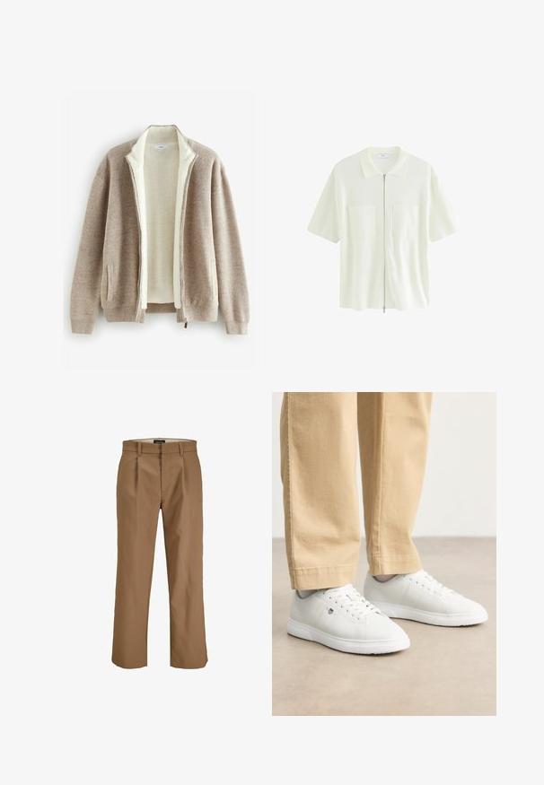 Veste zippée beige avec une douce doublure en polaire crème, des poches latérales, des poignets côtelés et une coupe décontractée. Fabriquée en tissu tricoté texturé.; Chemise à manches courtes, blanche, à fermeture éclair, en tissu texturé, dotée d'un col et de deux poches avant avec rabats carrés.; Pantalon marron en tissu lisse, avec une coupe droite, des plis à l'avant et des passants de ceinture. Pas de motifs ni d'accents visibles.; Baskets en cuir blanc avec une finition lisse, présentant un bout arrondi, un laçage, et un détail de logo subtil sur le côté, associées à un pantalon beige.