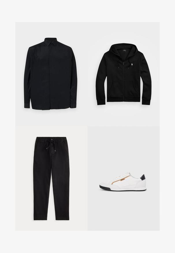 Felpa nera con zip, realizzata in tessuto morbido, con tasca frontale, cappuccio regolabile con cordino e piccolo logo ricamato sul petto.; Camicia nera a maniche lunghe realizzata in tessuto morbido, con colletto classico, apertura con bottoni e vestibilità rilassata con maniche a polsino.; Pantaloni casual neri con vita elastica, laccio regolabile, bottone frontale e tasche laterali, esposti su uno sfondo neutro.; Scarpe sportive bianche con accenti in rete e pelle. Presentano un logo dorato "BOSS", pannelli laterali testurizzati e un copri tallone nero. Suola in gomma.