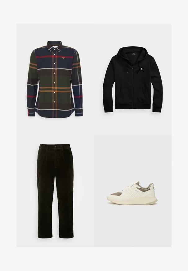 Zwarte zip-up hoodie van zacht materiaal, voorzien van een voorzak, verstelbare capuchon met trekkoord en een klein geborduurd logo op de borst.; Langarm geruit overhemd in donker groen, marineblauw, rood en oranje tinten. Heeft een button-down kraag, een logo op de borst en witte knopen. Van katoen.; Donkergroene corduroy broek met een rechte snit, uitgerust met zijzakken, een knoopsluiting en een gestructureerde stof.; Witte en lichtbeige sport sneaker, met een bovenwerk van mesh, geperforeerde details en een gestructureerde tussenzool met branding op de hiel.