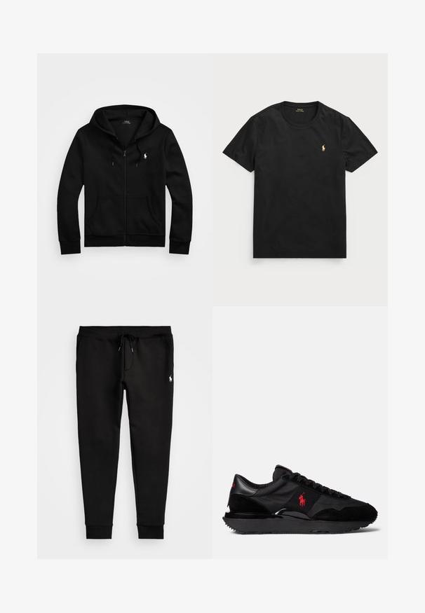 Black zip-up hoodie made of soft fabric, featuring a front pocket, adjustable drawstring hood, and small embroidered logo on the chest.; Black short-sleeve t-shirt made of cotton with a round neckline, featuring a small golden polo logo on the left chest area.; Black sweatpants made of soft fabric, featuring a drawstring waist, fitted cuffs, and a small white logo on the left leg.; Black athletic sneakers featuring a combination of suede and textile materials. Notable red logo accent and textured rubber outsole.