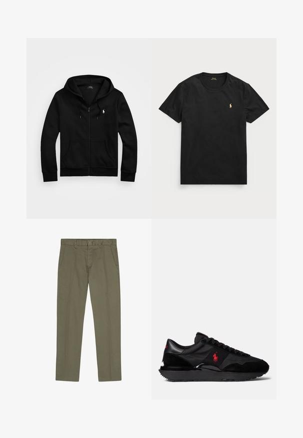 Melnā kapuce ar rāvējslēdzēju, izgatavota no mīksta auduma, ar priekšējo kabatu, regulējamu saiti kapuces augšdaļā un mazu izšūtu simbolu uz krūtīm.; Melna īsām piedurknēm t-kreklā, izgatavota no kokvilnas, ar apaļu kakla izgriezumu, ar nelielu zelta polo logo kreisajā krūšu daļā.; NN.07 THEO - Chinos tipa bikses - capers; Melni sporta apavi, kas izgatavoti no zamšas un tekstila materiāliem. Ievērojams sarkans logo akcentu un strukturēta gumijas zole.