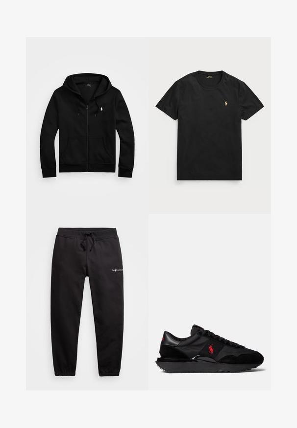 Juodas zip-up džemperis iš minkštos medžiagos, turintis priekinę kišenę, reguliuojamą kapučią su raišteliu ir mažą siuvinėtą logotipą ant krūtinės.; Juoda trumpa rankovė marškinėliai, pagaminti iš medvilnės, su apvaliu kaklu, su mažuoju auksiniu polo logotipu kairėje krūtinės pusėje.; Juodos medvilnės kelnės su elastinga juosta ir raišteliu, siaurėjantys kojų dizainas ir mažas logotipas priekyje.; Juodi sportiniai batai, pagaminti iš zomšos ir tekstilės medžiagų. Išskirtinė raudona logotipo akcentas ir struktūruotas guminis padas.