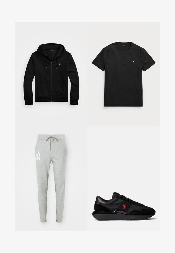 Melnā kapuce ar rāvējslēdzēju, izgatavota no mīksta auduma, ar priekšējo kabatu, regulējamu saiti kapuces augšdaļā un mazu izšūtu simbolu uz krūtīm.; Melna īsām piedurknēm t-kreklā, izgatavota no kokvilnas, ar apaļu kakla izgriezumu, ar nelielu zelta polo logo kreisajā krūšu daļā.; Pelēkas sporta bikses, kas izgatavotas no mīksta auduma ar sašaurinātu piegriezumu. Aprīkotas ar elastīgu jostasvietu ar auklu un balto logo uz kreisā augšstilba.; Melni sporta apavi, kas izgatavoti no zamšas un tekstila materiāliem. Ievērojams sarkans logo akcentu un strukturēta gumijas zole.