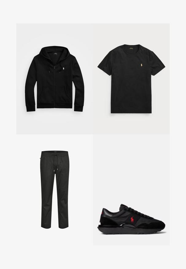 Fekete cipzáras kapucnis pulóver puha anyagból, elülső zsebbel, állítható húzózsinórral a kapucnin és kis hímzett logóval a mellrészen.; Fekete, rövid ujjú pamut póló kerek nyakkivágással, kicsi arany színű polo logóval a bal mellrészen.; Fekete pamut nadrág, elasztikus derékkal, húzózsinórral és laza szabással. Simább felülettel és szűkebb lábszárral rendelkezik.; Fekete sportcipők, amelyek velúr és textil anyagok kombinációjából készültek. Figyelemre méltó piros logóval és texturált gumitalppal rendelkeznek.