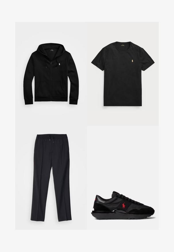 Must mustaga kapuutsiga must zip-up sviiter, mis on valmistatud pehmest kangast. Sellel on eesmine tasku, reguleeritav nööriga kapuuts ja rinnal väike tikitud logo.; Must t-särk lühikeste varrukatega, must, puuvillane, ümmarguse kaelusega, mille vasakul rinnal on väike kuldne polo logo.; sandro ALPHA - Chino-püksid - noir; Mustadelad sportlikud sneakerid, millel on ühendatud samet- ja tekstiilmaterjalid. Silmapaistev punane logoaktsent ja tekstuuriga kummine tall.