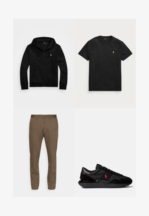 Schwarze Zip-Up-Hoodie aus weichem Stoff, mit einer Vordertasche, verstellbarem Kordelzug an der Kapuze und kleinem gesticktem Logo auf der Brust.; Schwarzes Kurzarm-T-Shirt aus Baumwolle mit Rundhalsausschnitt, das ein kleines goldenes Polo-Logo auf der linken Brustseite trägt.; Braune, dehnbare Stoffhose mit schmalem Schnitt. Merkmale einen glatten Bund, Gürtelschlaufen und zwei Vorderaschen.; Schwarze Sport Sneakers, die eine Kombination aus Wildleder und Textilmaterialien aufweisen. Auffälliges rotes Logo und strukturiertes Gummi-Laufsohle.