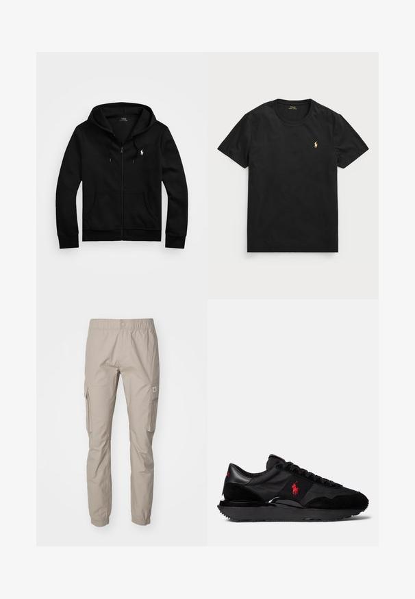 Svart zip-up hettegenser laget av myk stoff, med en frontlomme, justerbar snorhette og liten brodert logo på brystet.; Svart kortermet T-skjorte laget av bomull med rund hals, med en liten gylden polo-logo på venstre bryst.; Beige cargo bukser laget av lett stoff, med elastisk midjebånd, sidelommer og elastiske mansjetter ved anklene.; Svart idrettssneakers med en kombinasjon av semsket skinn og tekstilmaterialer. Iøynefallende rødt logoaksent og teksturert gummisåle.