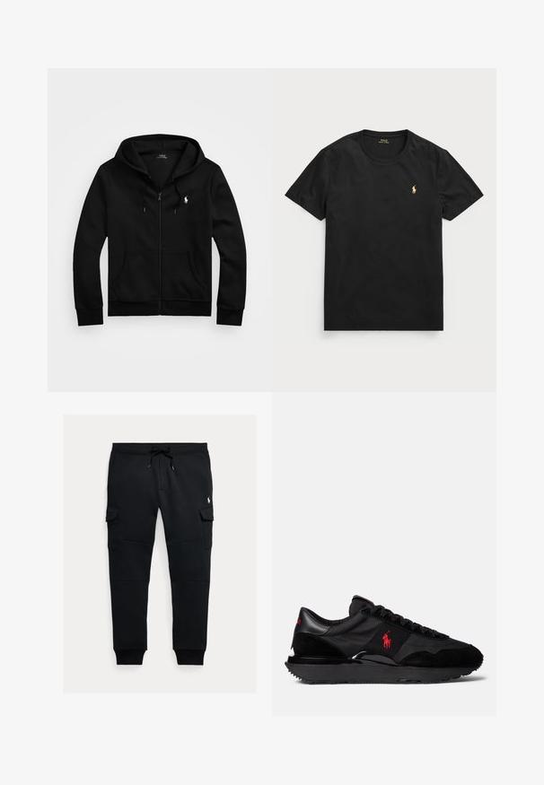 Svart zip-up hettegenser laget av myk stoff, med en frontlomme, justerbar snorhette og liten brodert logo på brystet.; Svart kortermet T-skjorte laget av bomull med rund hals, med en liten gylden polo-logo på venstre bryst.; Svarte joggebukser laget av myk stoff med snor i livet, med to sidelommer og ribbede mansjetter ved ankler.; Svart idrettssneakers med en kombinasjon av semsket skinn og tekstilmaterialer. Iøynefallende rødt logoaksent og teksturert gummisåle.