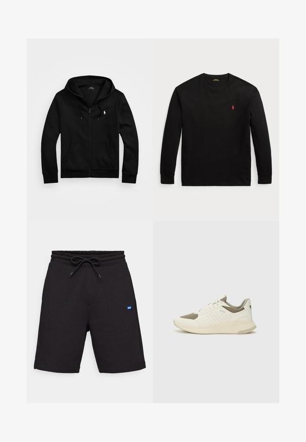 Czarna bluza z kapturem na zamek, wykonana z miękkiego materiału, z przednią kieszenią, regulowanym kapturem na sznurek i małym haftowanym logo na klatce piersiowej.; Czarny t-shirt z długim rękawem wykonany z bawełny. Posiada okrągły dekolt, ściągacze przy mankietach oraz małe czerwone haftowane logo na piersi. Gładka tekstura.; Czarne bawełniane szorty z elastycznym ściągaczem w pasie, posiadające boczne kieszenie oraz małą niebieską naszywkę z logo z przodu. Gładka tekstura.; Białe i jasnobeżowe sneakersy sportowe, z siateczkową cholewką, perforowanymi detalami oraz teksturowaną podeszwą śródstopia z brandingiem na pięcie.