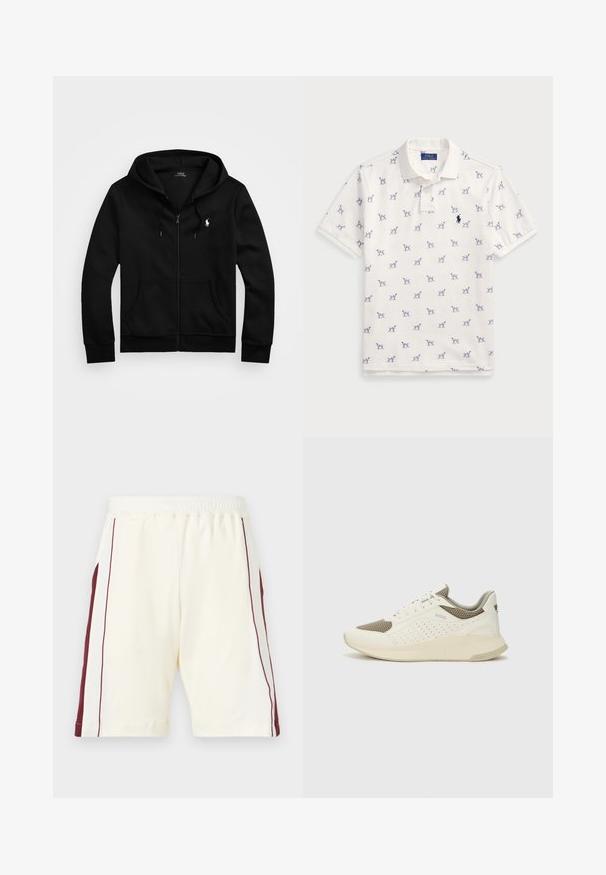 Fekete cipzáras kapucnis pulóver puha anyagból, elülső zsebbel, állítható húzózsinórral a kapucnin és kis hímzett logóval a mellrészen.; Fehér póló, pamutból készült, ismétlődő kék kutyás mintával és egy kis kék logóval a mellkason. Rövid ujjak és gallér.; Világos krémszínű rövidnadrág, elasztikus derékkal, bordó oldalsávokkal és sima textúrával, a szárak végén szegélyezve.; Fehér és világos bézs sportcipő, légies hálós felsőrésszel, perforált részletekkel és texturált középtalppal, amelyen a saroknál a márka logója található.