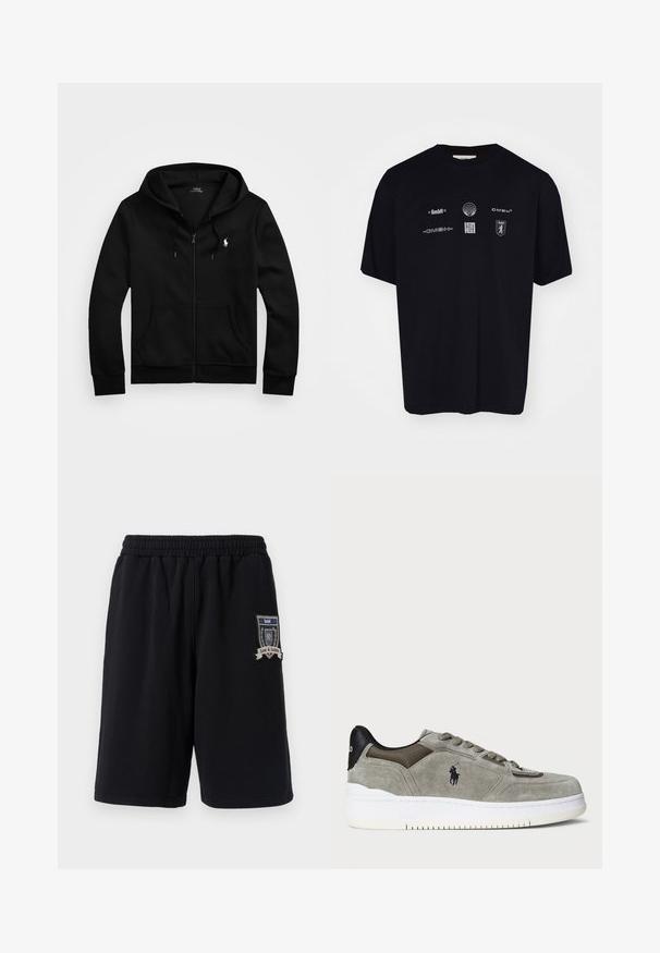 Juodas zip-up džemperis iš minkštos medžiagos, turintis priekinę kišenę, reguliuojamą kapučią su raišteliu ir mažą siuvinėtą logotipą ant krūtinės.; Juodos medvilnės marškinėliai su įvairiais baltais logotipais ir simboliais priekyje, su klasikiniu apvaliu iškirpimu ir trumpomis rankovėmis.; Juodi medvilniniai šortai su elastingu juosmeniu, šoninėmis kišenėmis ir dekoratyvine pleistra su užrašu "Meilė ir Teisingumas" ant kairiojo kelio.; Pilkos zomšos sportbačiai su tekstūruotu paviršiumi, kontrastiniu juodu kulnu, baltu padu ir siuvinėtu logotipu. Laidinimo dizainas su šešiais užtrauktukais.