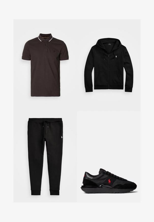 Černá mikina na zip vyrobená z měkké tkaniny, s přední kapsou, nastavitelnou kapucí se šňůrkou a malým vyšívaným logem na hrudi.; Tmavě hnědý polo tričko vyrobené z bavlny, s klasickým límečkem, dvěma knoflíky a bílými akcenty na límci a rukávech. Malé logo na hrudi.; Černé tepláky vyrobené z měkké tkaniny, s páskem na stažení, přiléhavými manžetami a malým bílým logem na levé noze.; Černé sportovní tenisky s kombinací semiše a textilních materiálů. Výrazný červený logo akcent a texturovaná gumová podrážka.