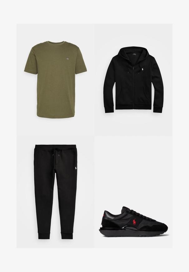 Črna zip-up kapuca iz mehkega blaga, ki ima sprednji žep, nastavljiv kapuco s vrvico in majhen vezen logotip na prsih.; Olivno zelena bombažna majica s kratkimi rokavi, okroglim izrezom in majhnim vezenim logotipom na prsih. Gladka tekstura, sproščen dizajn.; Črne trenirke iz mehkega blaga, opremljene z vrvico v pasu, prilegajočimi se manšetami in majhnim belim logotipom na levi nogi.; Črne športne superge, ki so narejene iz kombinacije usnja in tekstilnih materialov. Opazen rdeč logo in teksturiran gumijast podplat.