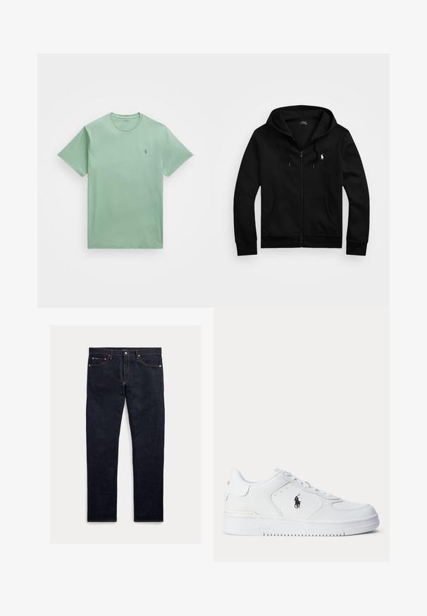 Juodas zip-up džemperis iš minkštos medžiagos, turintis priekinę kišenę, reguliuojamą kapučią su raišteliu ir mažą siuvinėtą logotipą ant krūtinės.; Polo Ralph Lauren Big & Tall JERSEY CREWNECK T-SHIRT - Paprasti marškinėliai - faded mint; Tamsūs džinsai iš džinso audinio, tiesaus kirpimo, su penkiomis kišenėmis, oranžine siūle ir sagų užsegimu. Audinys yra lygios tekstūros.; Balti sportiniai batai su tekstūruota odine viršutine dalimi, apvalia nosimi, plokščia raištelių sistema ir juodu logotipu šone. Guminis padas su sukibimo raštu.