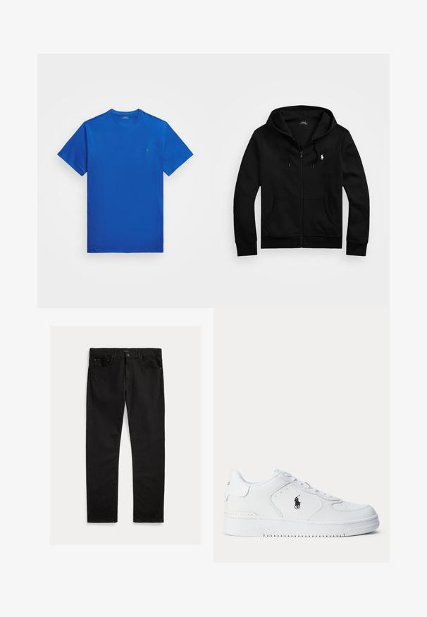 Juodas zip-up džemperis iš minkštos medžiagos, turintis priekinę kišenę, reguliuojamą kapučią su raišteliu ir mažą siuvinėtą logotipą ant krūtinės.; Polo Ralph Lauren Big & Tall JERSEY CREWNECK T-SHIRT - Paprasti marškinėliai - heritage blue; Juodi džinsai su tiesaus kirpimo kojos, penkių kišenių dizainu ir subtiliu tekstūru. Metalinė sagtys ir užtrauktuko atidarymo detalės.; Balti sportiniai batai su tekstūruota odine viršutine dalimi, apvalia nosimi, plokščia raištelių sistema ir juodu logotipu šone. Guminis padas su sukibimo raštu.