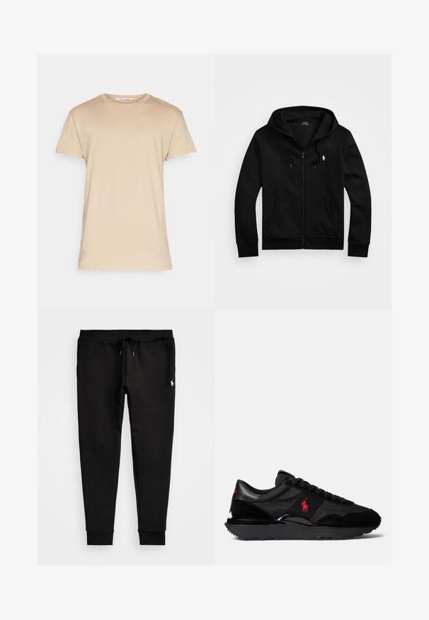 Must mustaga kapuutsiga must zip-up sviiter, mis on valmistatud pehmest kangast. Sellel on eesmine tasku, reguleeritav nööriga kapuuts ja rinnal väike tikitud logo.; Beež puuvillane T-särk klassikalise ümmarguse kaeluse ja lühikeste varrukatega. Omab siledat tekstuuri ega sisalda nähtavaid mustreid ega aksessuaare.; Mustad mustad tõmmud püksid pehmest kangast, millel on nöörvöö, sobivad varrukad ja väike valge logo vasakul jalal.; Mustadelad sportlikud sneakerid, millel on ühendatud samet- ja tekstiilmaterjalid. Silmapaistev punane logoaktsent ja tekstuuriga kummine tall.