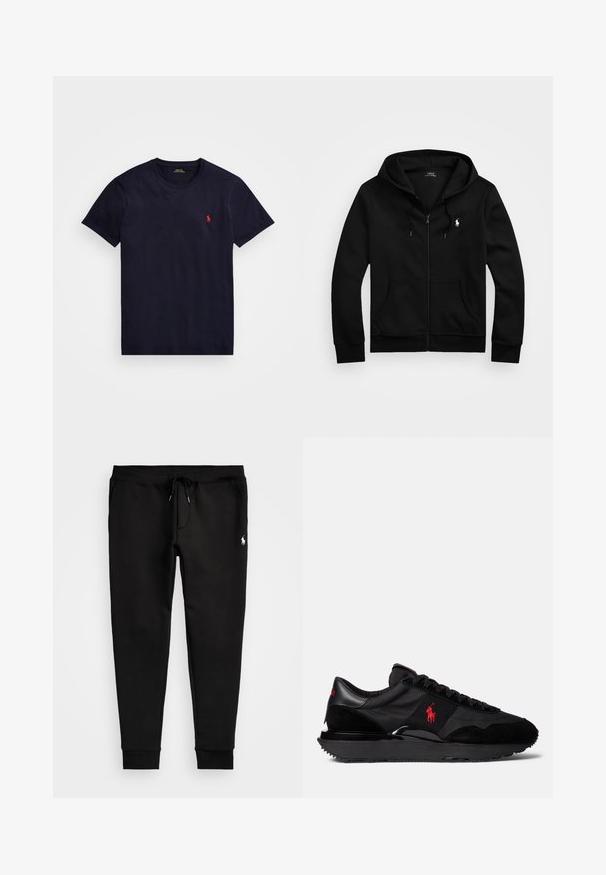 Hoodie preto com fecho, feito de tecido macio, apresentando um bolso frontal, capuz ajustável com cordão e um pequeno logo bordado no peito.; T-shirt de algodão azul-marinho com decote redondo, mangas curtas e um pequeno logótipo bordado em vermelho no lado esquerdo do peito. Textura suave, corte clássico.; Calças de ganga pretas feitas de tecido macio, com uma cintura ajustável por cordão, punhos ajustados e um pequeno logótipo branco na perna esquerda.; Sapatilhas desportivas pretas com uma combinação de materiais em camurça e têxtil. Destaca-se um logotipo vermelho e uma sola exterior em borracha texturizada.