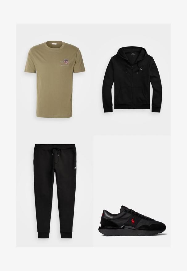 Black zip-up hoodie made of soft fabric, featuring a front pocket, adjustable drawstring hood, and small embroidered logo on the chest.; Olive green cotton t-shirt with short sleeves, round neck, featuring "GANT" logo with a shield design and text on the left chest area.; Black sweatpants made of soft fabric, featuring a drawstring waist, fitted cuffs, and a small white logo on the left leg.; Black athletic sneakers featuring a combination of suede and textile materials. Notable red logo accent and textured rubber outsole.