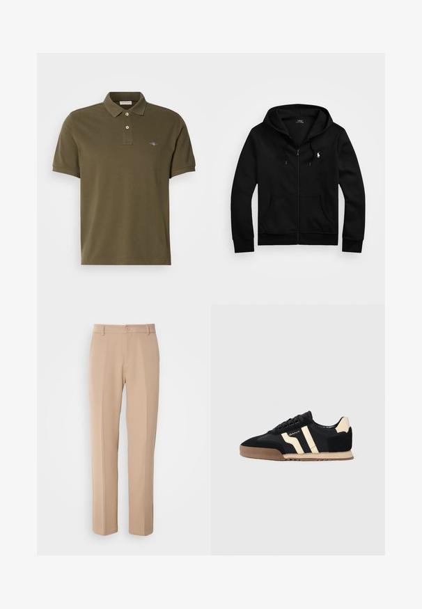 Zwarte zip-up hoodie van zacht materiaal, voorzien van een voorzak, verstelbare capuchon met trekkoord en een klein geborduurd logo op de borst.; Olijfgroene polo shirt van katoen, met een klassieke kraag, een placket met twee knopen en een klein geborduurd logo op de borst.; Beige broek gemaakt van gladde stof, met een rechte pasvorm, een sluiting met een knoop aan de voorkant en subtiele plis details aan de voorkant.; Zwarte suède sneakers met beige accenten, voorzien van een rubberen zool, platte veters en een stijlvolle gestreepte ontwerp aan de zijkanten.