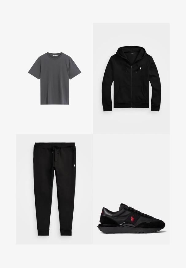 Sort zip-up hoodie lavet af blødt stof, med en frontlomme, justerbar snøre i hætten og et lille broderet logo på brystet.; Grå t-shirt lavet af blødt bomuld, med en klassisk rund hals, korte ærmer og en afslappet pasform uden synlige mønstre eller detaljer.; Sorte sweatpants lavet af blød stof, med snoretræk i taljen, tætsiddende manchetter og et lille hvidt logo på venstre ben.; Sorte atletiske sneakers med en kombination af ruskind og tekstilmaterialer. Bemærkelsesværdig rød logoakcent og struktureret gummisål.