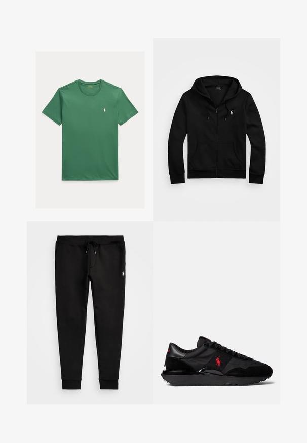 Melnā kapuce ar rāvējslēdzēju, izgatavota no mīksta auduma, ar priekšējo kabatu, regulējamu saiti kapuces augšdaļā un mazu izšūtu simbolu uz krūtīm.; Zaļa īsām piedurknēm kokvilnas T-krekls no mīksta materiāla. Tam ir apaļa kakla izgriezuma apkakle un neliels izšūts logotips kreisajā krūtīs. Gluda tekstūra.; Melnas sporta bikses, kas izgatavotas no mīksta auduma, ar aukliņu jostasvietā, pieguļošiem piedurkņu galiem un mazu baltu logo uz kreisās kājas.; Melni sporta apavi, kas izgatavoti no zamšas un tekstila materiāliem. Ievērojams sarkans logo akcentu un strukturēta gumijas zole.