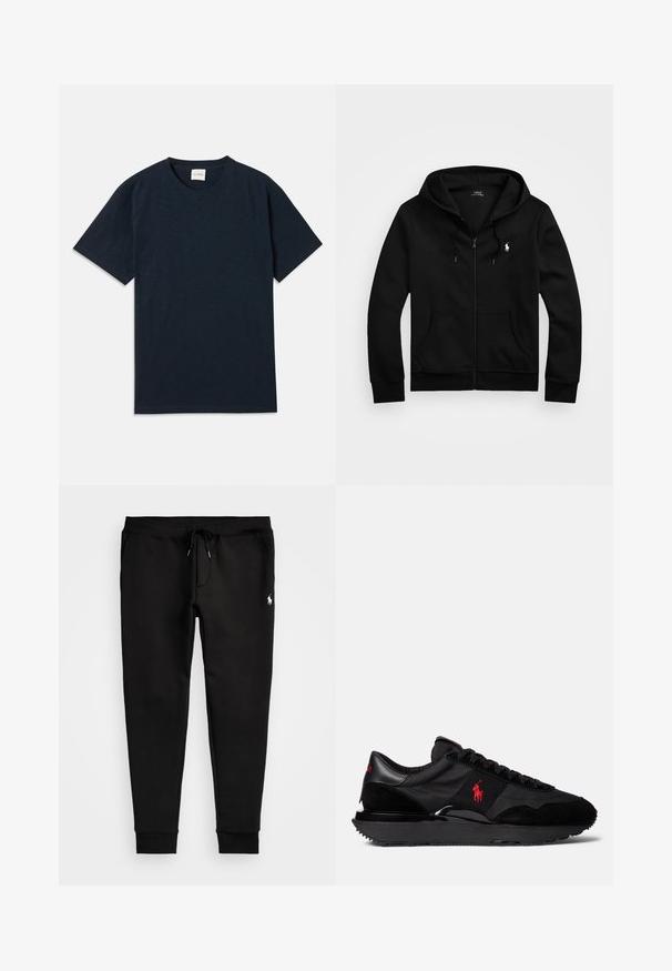 Juodas zip-up džemperis iš minkštos medžiagos, turintis priekinę kišenę, reguliuojamą kapučią su raišteliu ir mažą siuvinėtą logotipą ant krūtinės.; Tamsiai mėlyna trumpomis rankovėmis marškinėliai su apvalia iškirpte, su mažu įspaustu logotipu šalia apatinio krašto.; Juodos sportinės kelnės, pagamintos iš minkštos medžiagos, su nėrinio juosmeniu, priglundančiomis rankovėmis ir maža balta logo ant kairės kojos.; Juodi sportiniai batai, pagaminti iš zomšos ir tekstilės medžiagų. Išskirtinė raudona logotipo akcentas ir struktūruotas guminis padas.