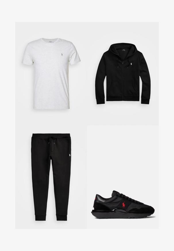 Hoodie preto com fecho, feito de tecido macio, apresentando um bolso frontal, capuz ajustável com cordão e um pequeno logo bordado no peito.; T-shirt de algodão cinza claro com gola arredondada e mangas curtas. Apresenta um pequeno logótipo bordado no lado esquerdo do peito. Textura suave.; Calças de ganga pretas feitas de tecido macio, com uma cintura ajustável por cordão, punhos ajustados e um pequeno logótipo branco na perna esquerda.; Sapatilhas desportivas pretas com uma combinação de materiais em camurça e têxtil. Destaca-se um logotipo vermelho e uma sola exterior em borracha texturizada.