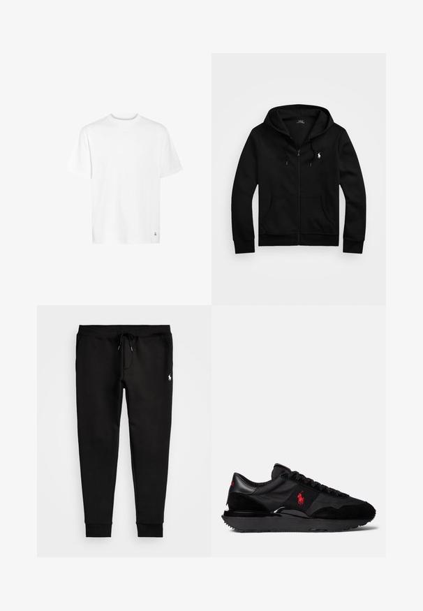 Črna zip-up kapuca iz mehkega blaga, ki ima sprednji žep, nastavljiv kapuco s vrvico in majhen vezen logotip na prsih.; Bela bombažna majica s krožnim izrezom, kratkimi rokavi in ravnim robom. Ima majhen detajl logotipa v spodnjem kotu.; Črne trenirke iz mehkega blaga, opremljene z vrvico v pasu, prilegajočimi se manšetami in majhnim belim logotipom na levi nogi.; Črne športne superge, ki so narejene iz kombinacije usnja in tekstilnih materialov. Opazen rdeč logo in teksturiran gumijast podplat.