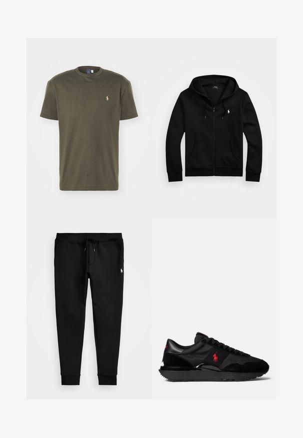 Hoodie preto com fecho, feito de tecido macio, apresentando um bolso frontal, capuz ajustável com cordão e um pequeno logo bordado no peito.; T-shirt de algodão verde-oliva escuro com decote redondo, mangas curtas e um pequeno logótipo bordado no lado esquerdo do peito.; Calças de ganga pretas feitas de tecido macio, com uma cintura ajustável por cordão, punhos ajustados e um pequeno logótipo branco na perna esquerda.; Sapatilhas desportivas pretas com uma combinação de materiais em camurça e têxtil. Destaca-se um logotipo vermelho e uma sola exterior em borracha texturizada.