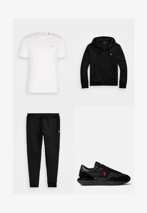 Felpa nera con zip, realizzata in tessuto morbido, con tasca frontale, cappuccio regolabile con cordino e piccolo logo ricamato sul petto.; T-shirt bianco in cotone con colletto tondo, maniche corte e un piccolo logo ricamato sul petto. Texture morbida, design semplice.; Pantaloni della tuta neri realizzati in morbido tessuto, con vita regolabile tramite cordoncino, polsini aderenti e un piccolo logo bianco sulla gamba sinistra.; Sneaker sportive nere realizzati con una combinazione di materiali scamosciati e tessili. Accento distintivo del logo rosso e suola in gomma texture.