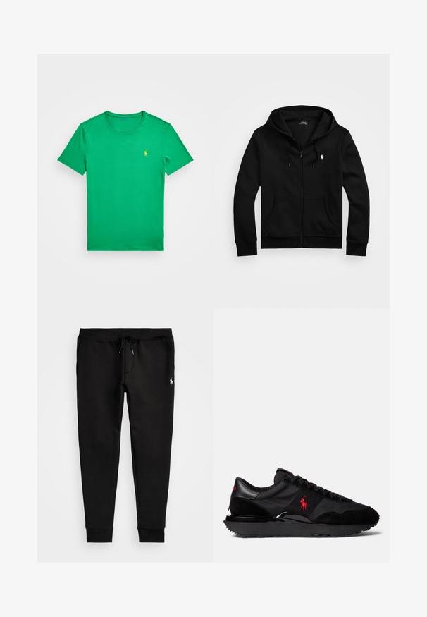 Melnā kapuce ar rāvējslēdzēju, izgatavota no mīksta auduma, ar priekšējo kabatu, regulējamu saiti kapuces augšdaļā un mazu izšūtu simbolu uz krūtīm.; Zaļa kokvilnas T-krese ar apaļu kakla izgriezumu un īsām piedurknēm. Mazs dzeltenais logo atrodas kreisajā krūtīs.; Melnas sporta bikses, kas izgatavotas no mīksta auduma, ar aukliņu jostasvietā, pieguļošiem piedurkņu galiem un mazu baltu logo uz kreisās kājas.; Melni sporta apavi, kas izgatavoti no zamšas un tekstila materiāliem. Ievērojams sarkans logo akcentu un strukturēta gumijas zole.