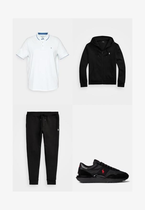 Černá mikina na zip vyrobená z měkké tkaniny, s přední kapsou, nastavitelnou kapucí se šňůrkou a malým vyšívaným logem na hrudi.; Jack & Jones JJEPAULOS SS NOOS PLS - Polotričko - soothing sea; Černé tepláky vyrobené z měkké tkaniny, s páskem na stažení, přiléhavými manžetami a malým bílým logem na levé noze.; Černé sportovní tenisky s kombinací semiše a textilních materiálů. Výrazný červený logo akcent a texturovaná gumová podrážka.