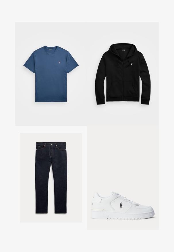 Juodas zip-up džemperis iš minkštos medžiagos, turintis priekinę kišenę, reguliuojamą kapučią su raišteliu ir mažą siuvinėtą logotipą ant krūtinės.; Polo Ralph Lauren Big & Tall JERSEY CREWNECK T-SHIRT - Paprasti marškinėliai - clancy blue; Tamsūs džinsai iš džinso audinio, tiesaus kirpimo, su penkiomis kišenėmis, oranžine siūle ir sagų užsegimu. Audinys yra lygios tekstūros.; Balti sportiniai batai su tekstūruota odine viršutine dalimi, apvalia nosimi, plokščia raištelių sistema ir juodu logotipu šone. Guminis padas su sukibimo raštu.