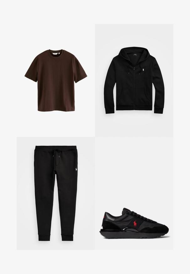 Fekete cipzáras kapucnis pulóver puha anyagból, elülső zsebbel, állítható húzózsinórral a kapucnin és kis hímzett logóval a mellrészen.; Next HEAVYWEIGHT - Basic póló - mottled brown; Fekete sportnadrág, puha anyagból készült, állítható derékrésszel, szűkített szárakkal és egy kis fehér logóval a bal lábon.; Fekete sportcipők, amelyek velúr és textil anyagok kombinációjából készültek. Figyelemre méltó piros logóval és texturált gumitalppal rendelkeznek.