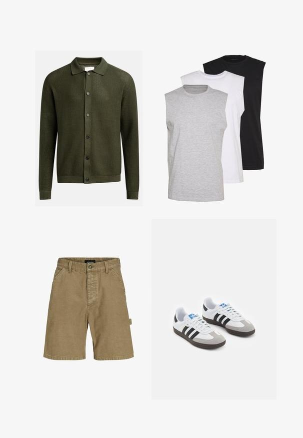 Olijfgroene cardigan met een gestructureerd breipatroon, een kraaghalslijn en zes donkere knopen aan de voorkant; geribbelde manchetten en zoom.; Drie mouwloze T-shirts in grijs, wit en zwart. Zacht katoenmateriaal met een ronde hals en een relaxte pasvorm. Eenvoudig ontwerp, geen patronen.; Beige katoenen shorts met een rechte snit, voorzien van zijzakken, een knoopsluiting aan de voorkant en een logo-label op de achterkant.; Sportschoenen met een witte leren bovenkant, grijze suède neus en drie zwarte strepen. Bevat een blauw logo op de tong en een gestructureerde rubberen zool.